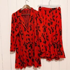 Orangey Red Leopard print Skirt and Coat.